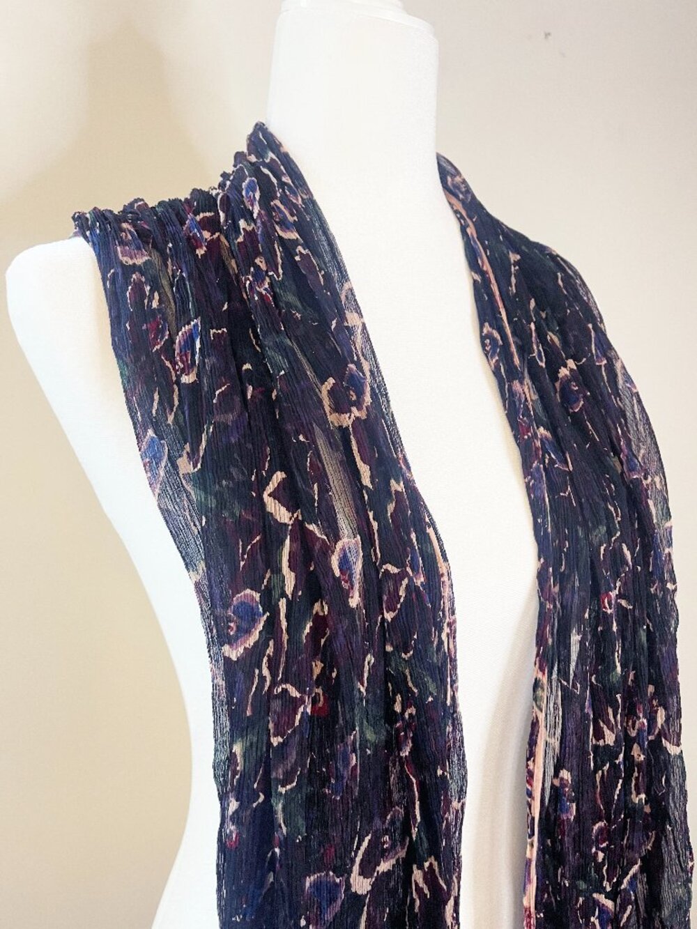 Dark Floral Sheer Crinkle Scarf Lightweight Boho Romantic Wrap
